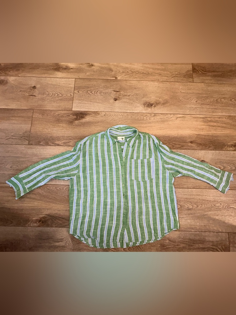 Wonderly Green Striped linen blend Slouchy Button-Up Shirt Lrg